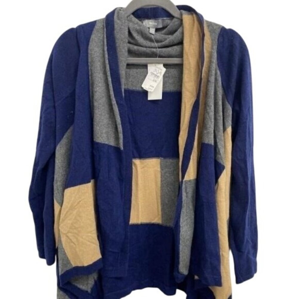 NEIMAN MARCUS Cashmere Open Cardigan S/M Small Medium Color Block Blue Gray FLAW